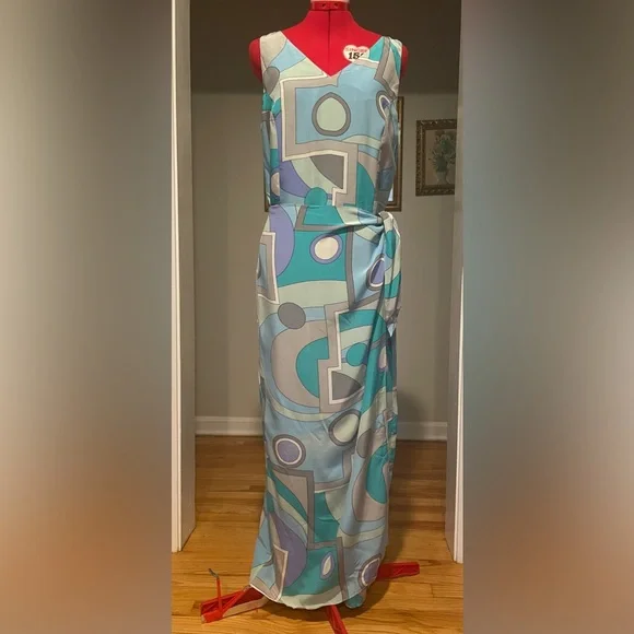 Y2K 90s Spenser Jeremy 100% Silk Mod Printed Faux Wrap Maxi Sun Dress - Picture 7 of 8